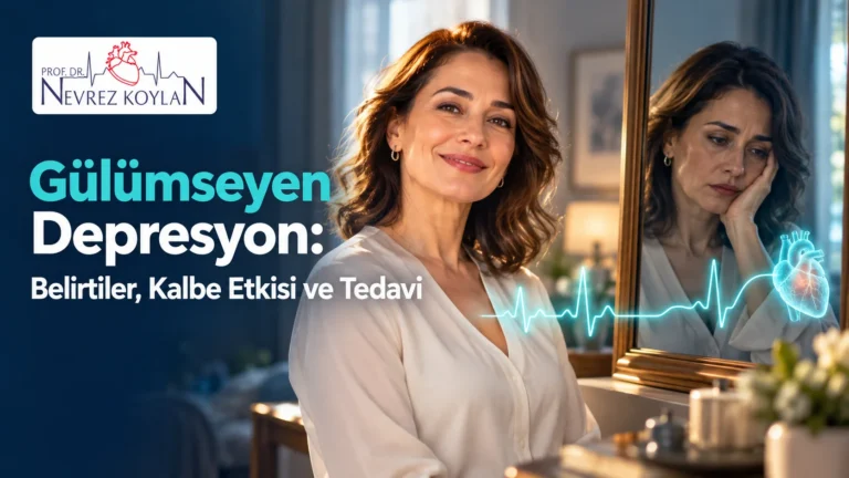 Gülümseyen depresyon başlıklı kapak; aynada gülümseyen ama yansımasında hüzünlü görünen orta yaşlı kadın, göğsünden yükselen EKG çizgisi ve Prof. Dr. Nevrez Koylan logosu