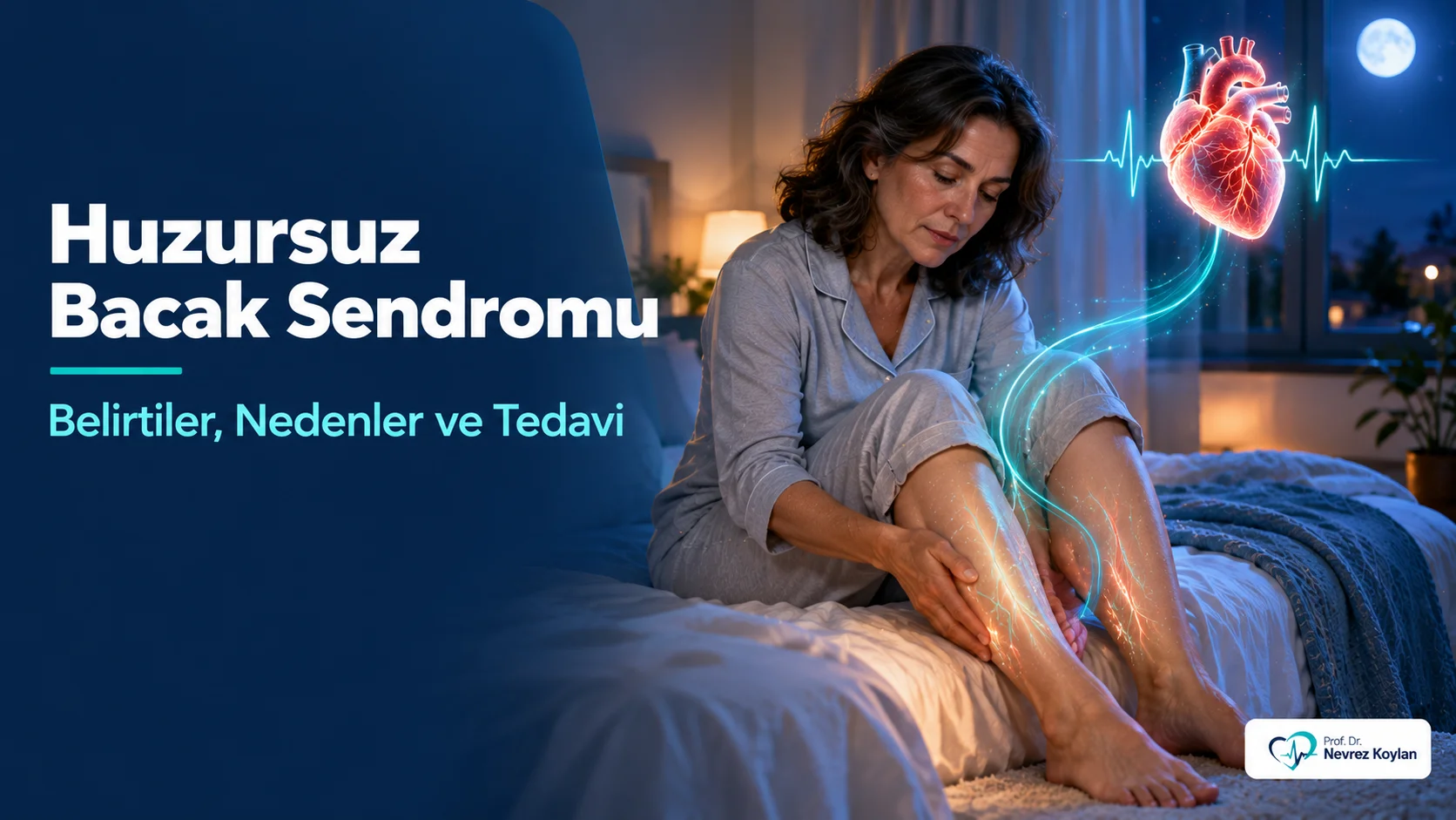 Huzursuz bacak sendromu: belirtiler, nedenler ve tedavi başlıklı kapak; gece yatakta bacaklarını tutan orta yaşlı kadın, bacaktan yükselen nabız çizgisi, anatomik kalp ve Prof. Dr. Nevrez Koylan logosu