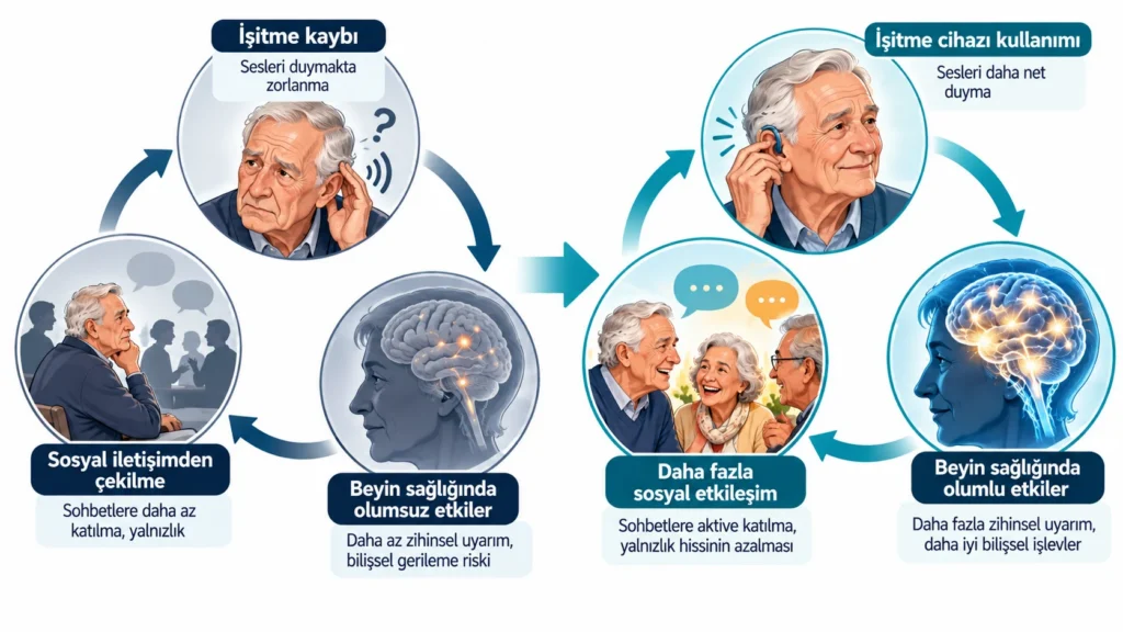 Yalnızlık, işitme kaybı ve demans riski arasındaki döngüyü gösteren illüstrasyon