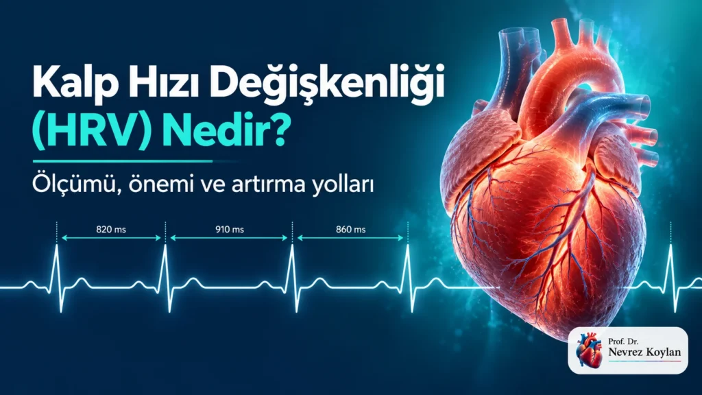 Kalp hızı değişkenliği (HRV) nedir başlıklı kapak görseli: anatomik kalp, değişken aralıklı EKG dalgası ve Prof. Dr. Nevrez Koylan logosu