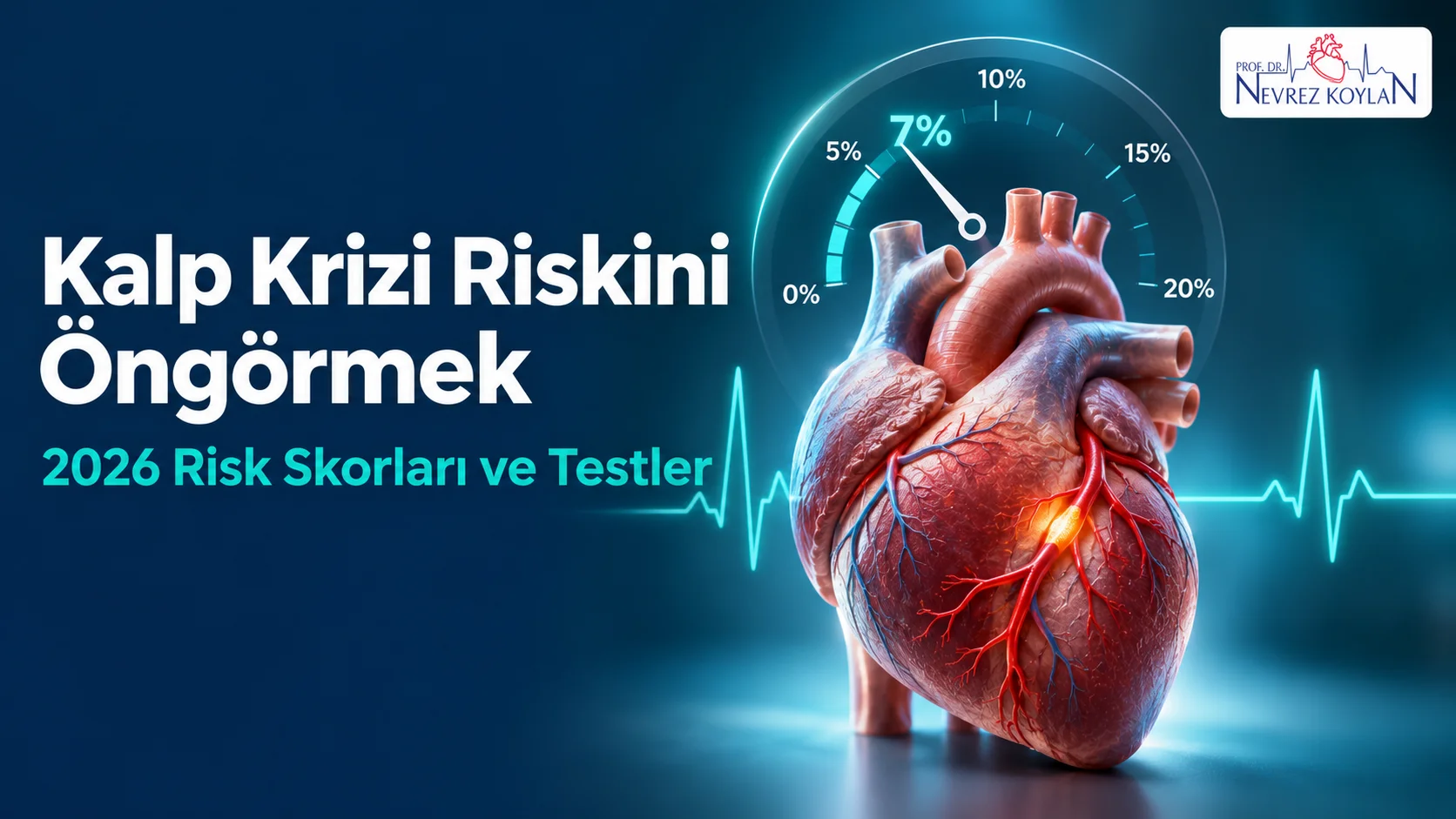 Kalp krizi riskini öngörmek: 2026 risk skorları ve testler başlıklı kapak; parlayan koroner damarlı anatomik kalp, risk yüzdesi göstergesi ve Prof. Dr. Nevrez Koylan logosu