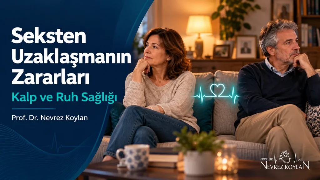 Seksten uzaklaşmanın zararları: kanepede aralarında mesafe olan orta yaşlı çift ve aralarında kalp şekline dönüşen EKG çizgisi
