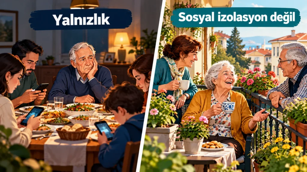 Yalnızlık ile sosyal izolasyon farkı: kalabalık sofrada yalnız hisseden yaşlı adam ve komşularıyla sohbet eden yalnız yaşayan kadın