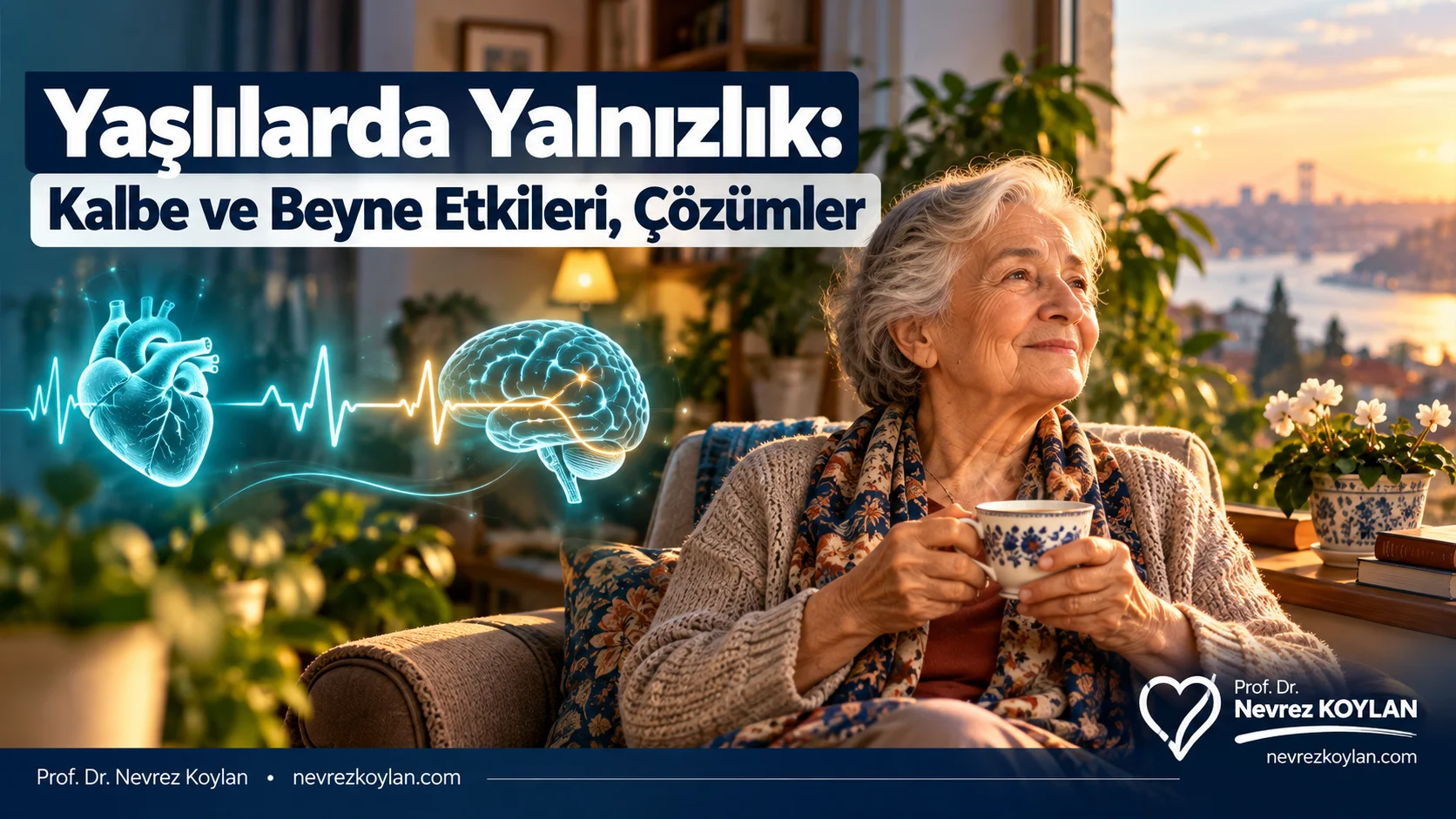 Yaşlılarda yalnızlık: pencere kenarında çay içen yaşlı kadın, kalp ve beyin simgelerine uzanan EKG çizgisi