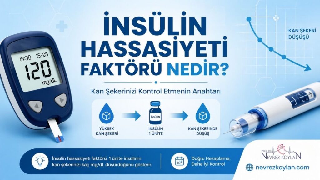 İnsülin hassasiyeti faktörünü anlatan, solda 120 mg/dL gösteren glukoz ölçüm cihazı, sağda insülin kalemi ve ortada kan şekeri düşüşünü simgeleyen grafik bulunan mavi tonlarda modern tıbbi kapak görseli; üzerinde ‘İnsülin Hassasiyeti Faktörü Nedir?’ ve ‘Kan Şekerinizi Kontrol Etmenin Anahtarı’ yazıları yer alıyor, sağ altta nevrezkoylan.com logosu bulunuyor.