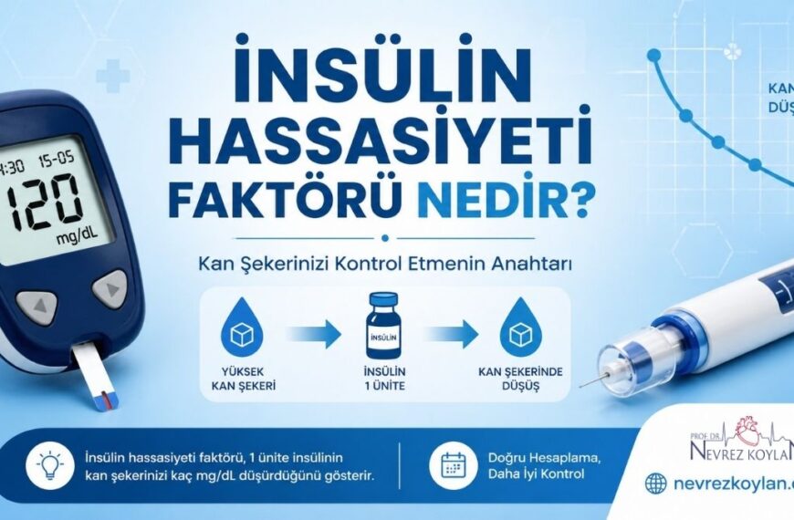 İnsülin hassasiyeti faktörünü anlatan, solda 120 mg/dL gösteren glukoz ölçüm cihazı, sağda insülin kalemi ve ortada kan şekeri düşüşünü simgeleyen grafik bulunan mavi tonlarda modern tıbbi kapak görseli; üzerinde ‘İnsülin Hassasiyeti Faktörü Nedir?’ ve ‘Kan Şekerinizi Kontrol Etmenin Anahtarı’ yazıları yer alıyor, sağ altta nevrezkoylan.com logosu bulunuyor.