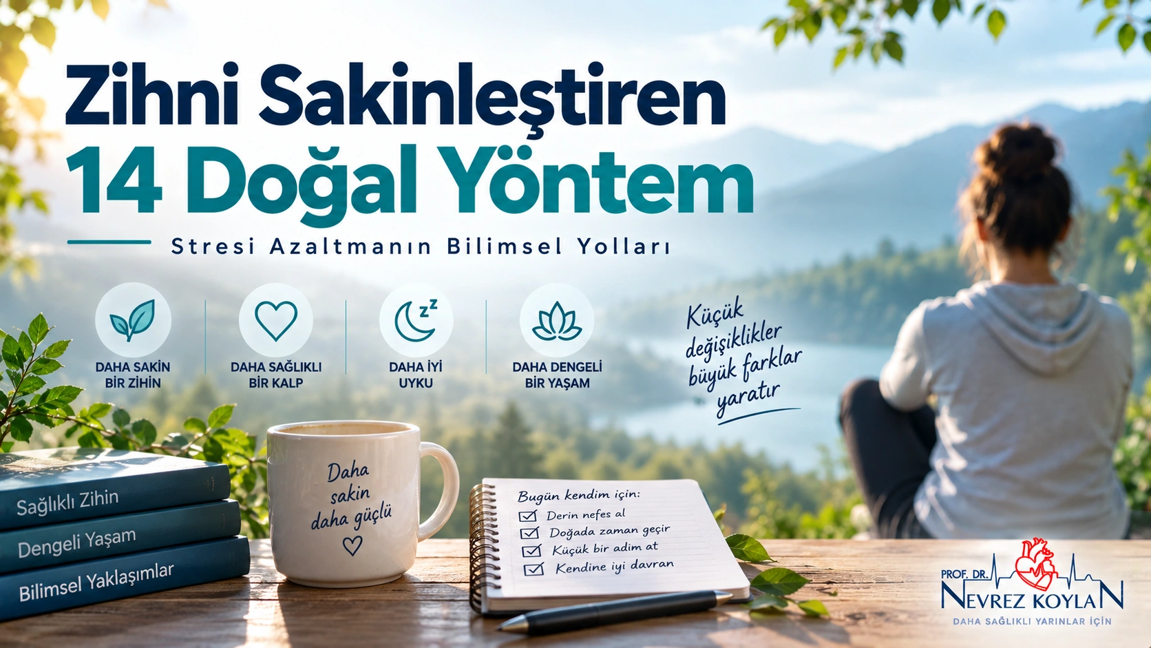 Zihni sakinleştiren doğal yöntemleri anlatan blog kapak görseli — meditasyon ve doğa teması, Prof. Dr. Nevrez Koylan logosu