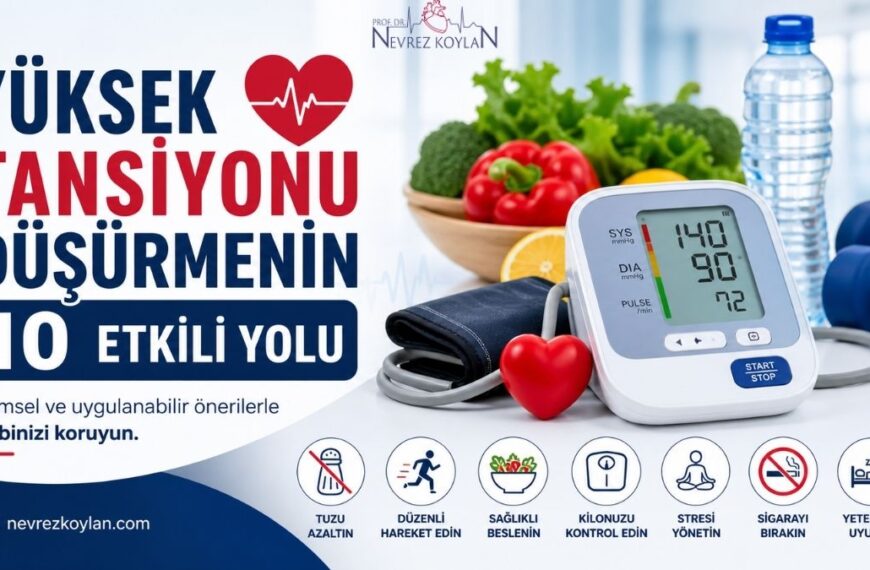 Yüksek tansiyonu düşürmeye yönelik yaşam tarzı önerilerini anlatan modern bir sağlık görseli: Solda “Yüksek Tansiyonu Düşürmenin 10 Etkili Yolu” başlığı, sağda dijital tansiyon aleti (140/90 ölçüm), yanında kalp simgesi, sebzeler, su şişesi ve dambıllar yer alıyor. Alt bölümde tuzu azaltma, egzersiz, sağlıklı beslenme, kilo kontrolü, stres yönetimi, sigarayı bırakma ve yeterli uyku gibi önerileri simgeleyen ikonlar bulunuyor.