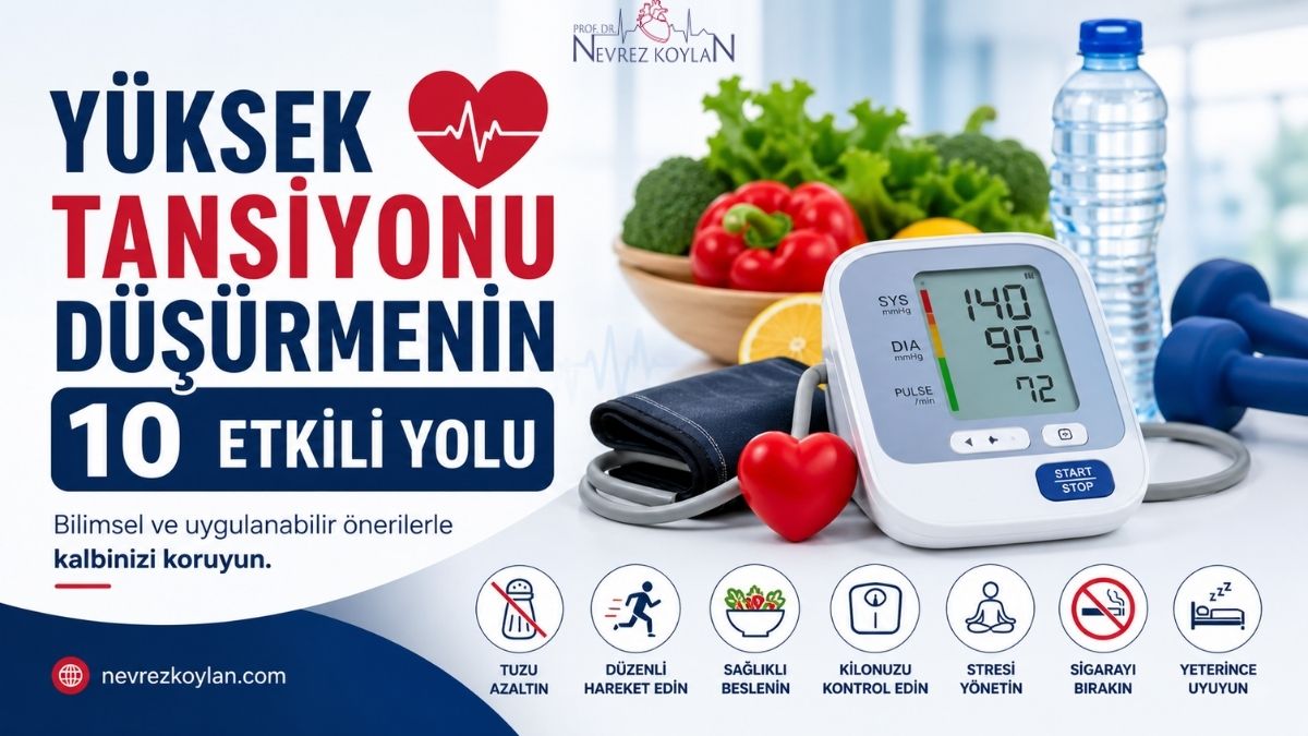 Yüksek tansiyonu düşürmeye yönelik yaşam tarzı önerilerini anlatan modern bir sağlık görseli: Solda “Yüksek Tansiyonu Düşürmenin 10 Etkili Yolu” başlığı, sağda dijital tansiyon aleti (140/90 ölçüm), yanında kalp simgesi, sebzeler, su şişesi ve dambıllar yer alıyor. Alt bölümde tuzu azaltma, egzersiz, sağlıklı beslenme, kilo kontrolü, stres yönetimi, sigarayı bırakma ve yeterli uyku gibi önerileri simgeleyen ikonlar bulunuyor.