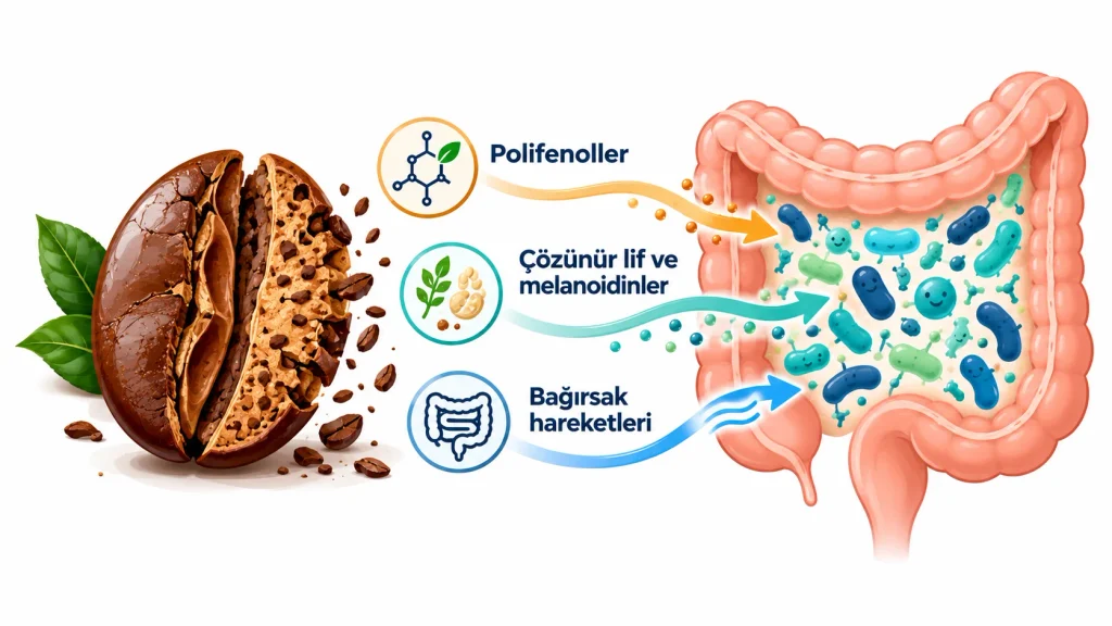 Kahvedeki polifenoller, lif ve melanoidinlerin kalın bağırsaktaki yararlı bakterilere ulaşmasını gösteren şema