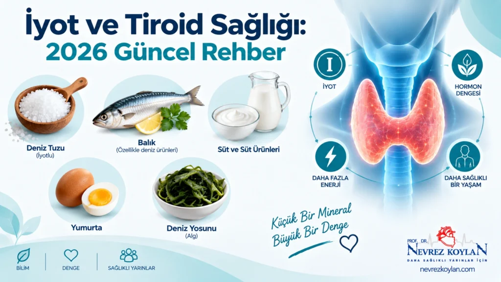 İyot ve tiroid sağlığı ilişkisini anlatan 2026 güncel kapak görseli — tiroid bezi illüstrasyonu ve iyot kaynağı besinler