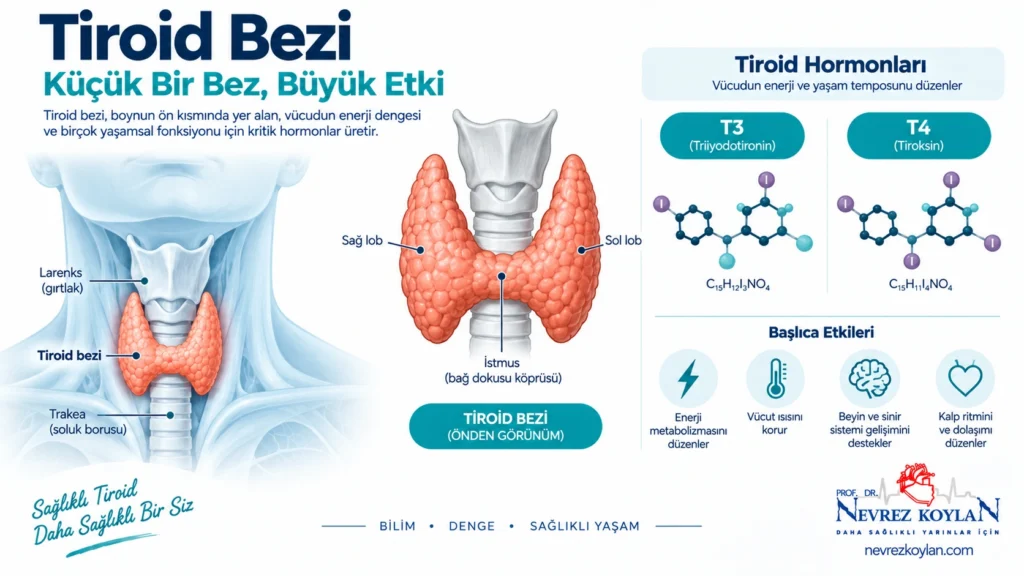 Tiroid bezinin iyot kullanarak T3 ve T4 hormonlarını ürettiğini gösteren şema