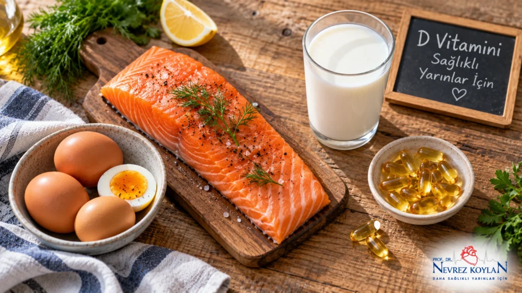 D vitamini açısından zengin somon, yumurta ve süt ürünlerini gösteren besin görseli