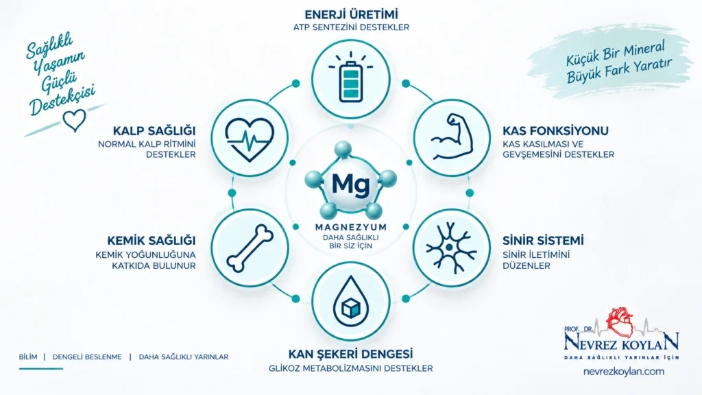 Magnezyumun vücuttaki temel görevlerini gösteren infografik — enerji üretimi, kas ve sinir fonksiyonu, kalp ritmi