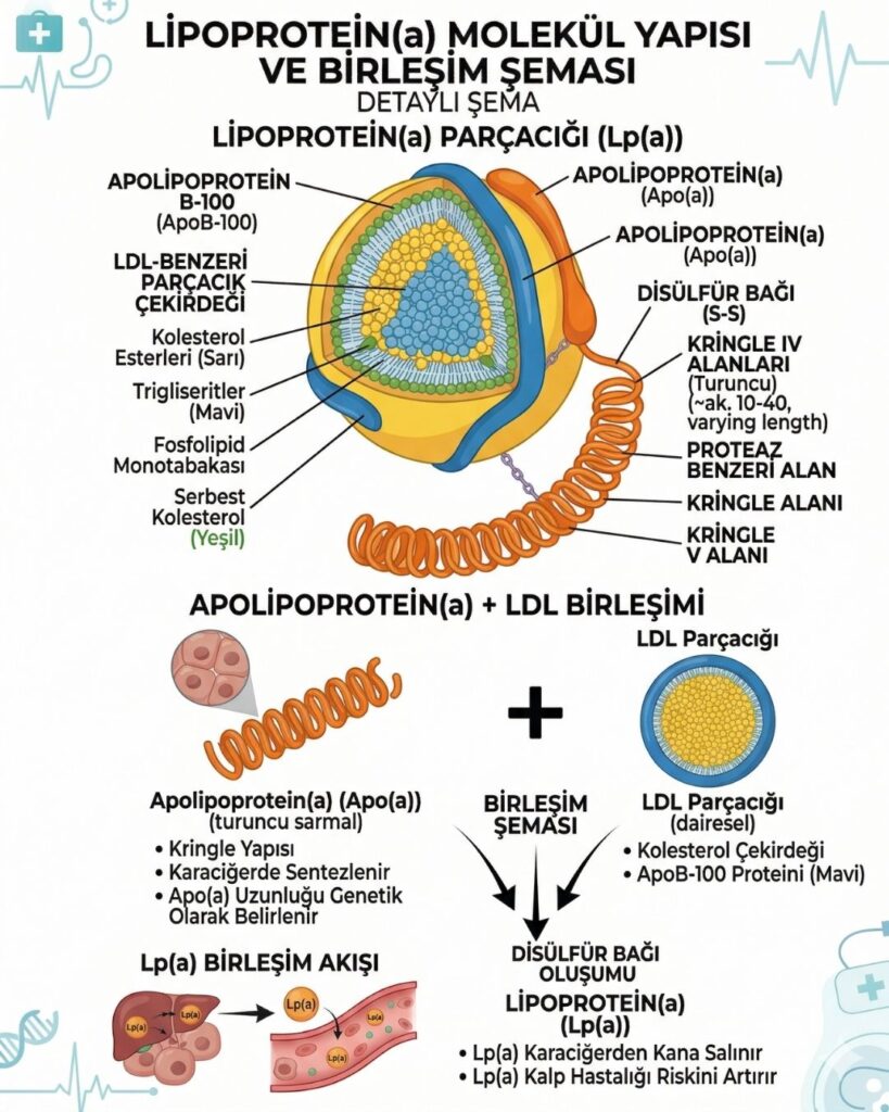 Lipoprotein(a) molekül yapısının detaylı şeması; Apolipoprotein(a) ve LDL parçacığının birleşimini gösteren tıbbi illüstrasyon.