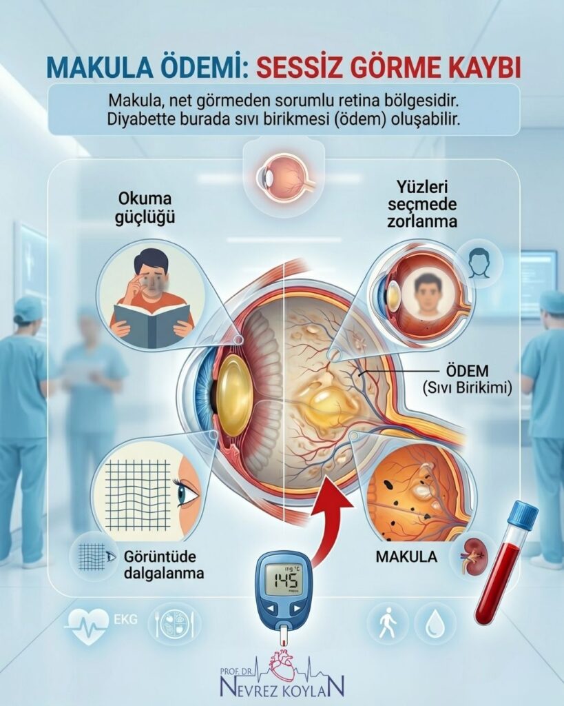 "Makula Ödemi: Sessiz Görme Kaybı" başlıklı tıbbi infografik, diyabette makulada sıvı birikimini ve görme üzerindeki etkilerini görselleştiriyor. Merkezde insan gözünün anatomik bir illüstrasyonu yer alıyor ve bu illüstrasyon hasarlı retinal damarlar, sararmış lens ve makula bölgesinde ödem gibi detayları gösteriyor. Görselin sağ ve sol taraflarında üç temel belirti şematize ediliyor: Okuma güçlüğü (bulanık bir kitap okuyan figür), yüzleri seçmede zorlanma (farklı yüz tipleriyle bulanık görme), ve görüntüde dalgalanma (dalgali bir desen). Görselin alt kısmında, 145 mg/dL yüksek şeker okumalı bir glukometre (kan şekeri ölçer) ve kan dolu bir test tüpü ile böbrek hasarı sembolik olarak kullanılıyor. Ayrıca görselde EKG (kalp atışı), koşan insan ve su damlası ikonları gibi sağlıklı yaşam tarzı unsurları da yer alıyor. Arka plan klinik bir ortamı yansıtıyor.