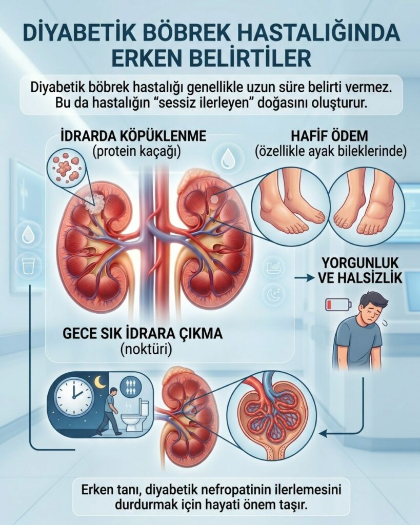 Diyabetik nefropati erken belirtileri infografiği. İdrarda protein kaçağı, ayaklarda ödem, noktüri (gece idrara çıkma) ve halsizlik gibi semptomları gösteren açıklayıcı medikal illüstrasyon.