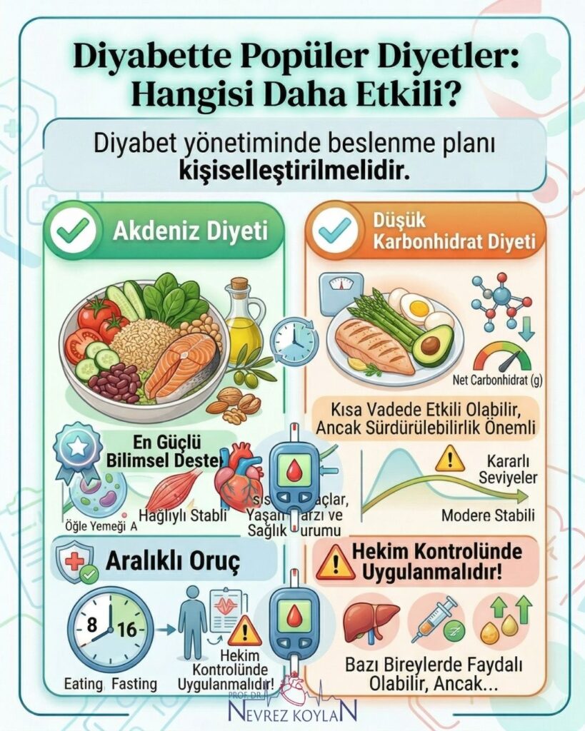 Diyabette popüler diyetlerin karşılaştırıldığı infografik; Akdeniz Diyeti (en güçlü bilimsel destek, sebze, balık, zeytinyağı), Düşük Karbonhidrat Diyeti (kısa vadeli etki, sürdürülebilirlik uyarısı, tavuk, avokado), Aralıklı Oruç (hekim kontrolü gerekliliği, bazı faydalar, 16:8 saat düzeni) hakkında temel bilgiler ve besin resimleri içerir. (Prof. Dr. Nevrez Koylan - nevrezkoylan.com)