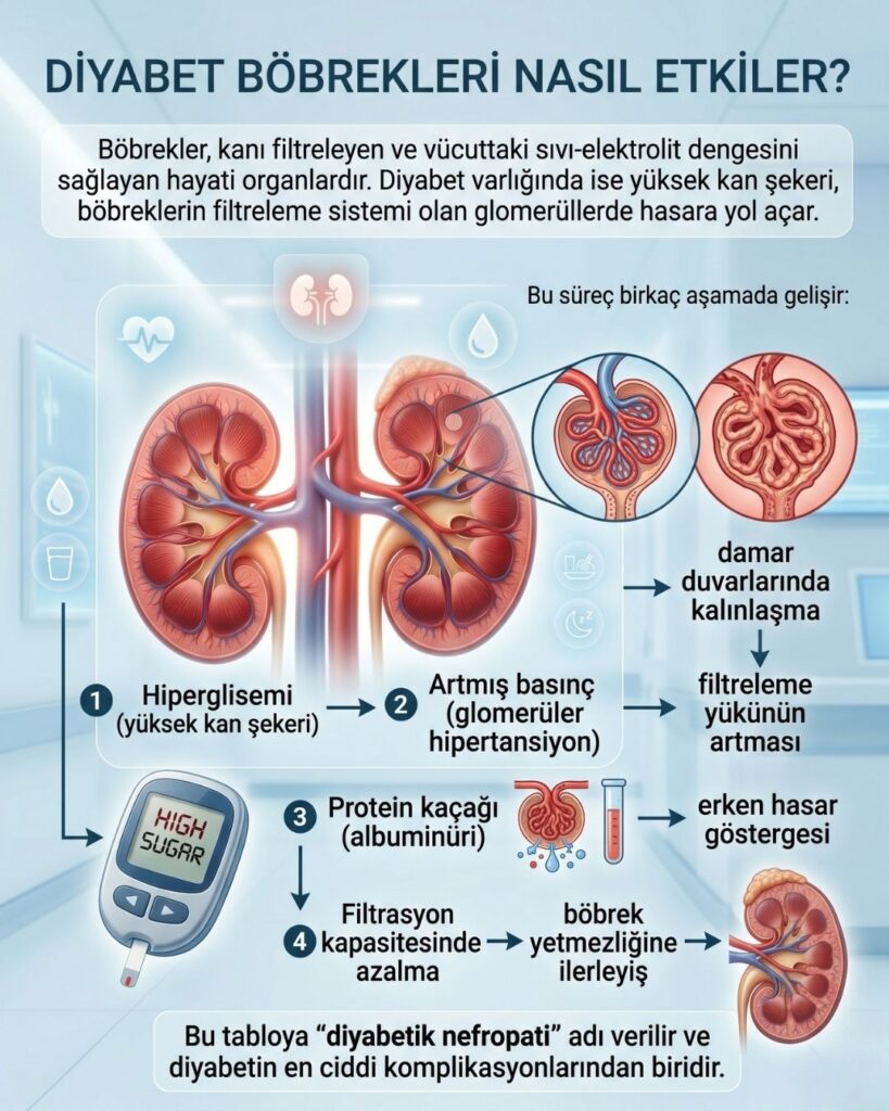 Diyabetin böbrekler üzerindeki etkisini anlatan 'Diyabet Böbrekleri Nasıl Etkiler?' başlıklı infografik. Görselde merkezde sağlıklı ve kesit alınmış böbrek illüstrasyonları, sol tarafta yüksek şeker uyarısı veren bir glukometre yer alıyor. Süreç; hiperglisemi, damar kalınlaşması, glomerüler hipertansiyon, protein kaçağı ve filtrasyon kapasitesinde azalma olarak 4 aşamada şematize edilmiştir. Arka plan klinik bir ortamı yansıtan yumuşak mavi tonlarındadır.