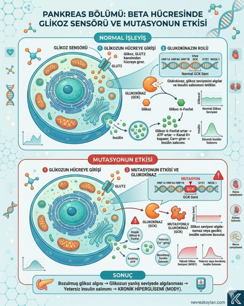 Pankreas hücresinde glikoz sensörü ve genetik mutasyonun işleyişi konulu 4:5 oranlı görsel