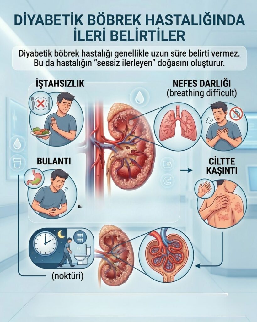Diyabetik nefropati ileri evre belirtileri infografiği. Böbrek yetmezliği semptomları olan nefes darlığı, iştahsızlık, bulantı ve üremiye bağlı cilt kaşıntısını gösteren, klinik stilize medikal illüstrasyon.