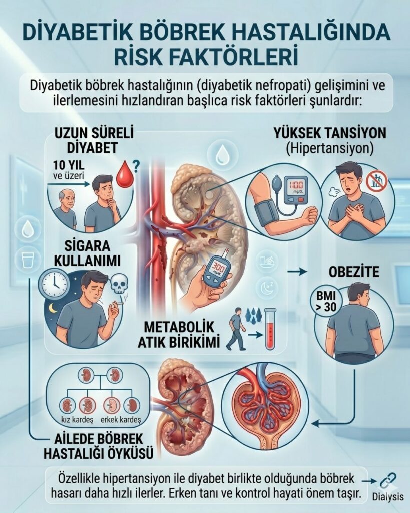 Diyabetik nefropati risk faktörleri infografiği. Yüksek tansiyon, uzun süreli şeker hastalığı, sigara ve obezitenin böbrek sağlığı üzerindeki olumsuz etkilerini ve genetik yatkınlığı gösteren tıbbi illüstrasyon.