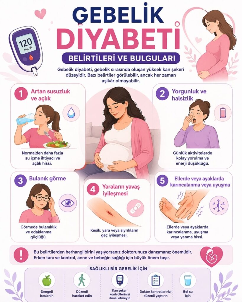 Gebelik diyabeti belirtilerini anlatan Türkçe infografik: hamile bir kadın illüstrasyonu etrafında artan susuzluk ve açlık, yorgunluk ve halsizlik, bulanık görme, yaraların yavaş iyileşmesi ve ellerde veya ayaklarda karıncalanma ya da uyuşma belirtileri ikonlarla gösteriliyor; erken tanı ve anne-bebek sağlığı için düzenli kontrolün önemi vurgulanıyor.