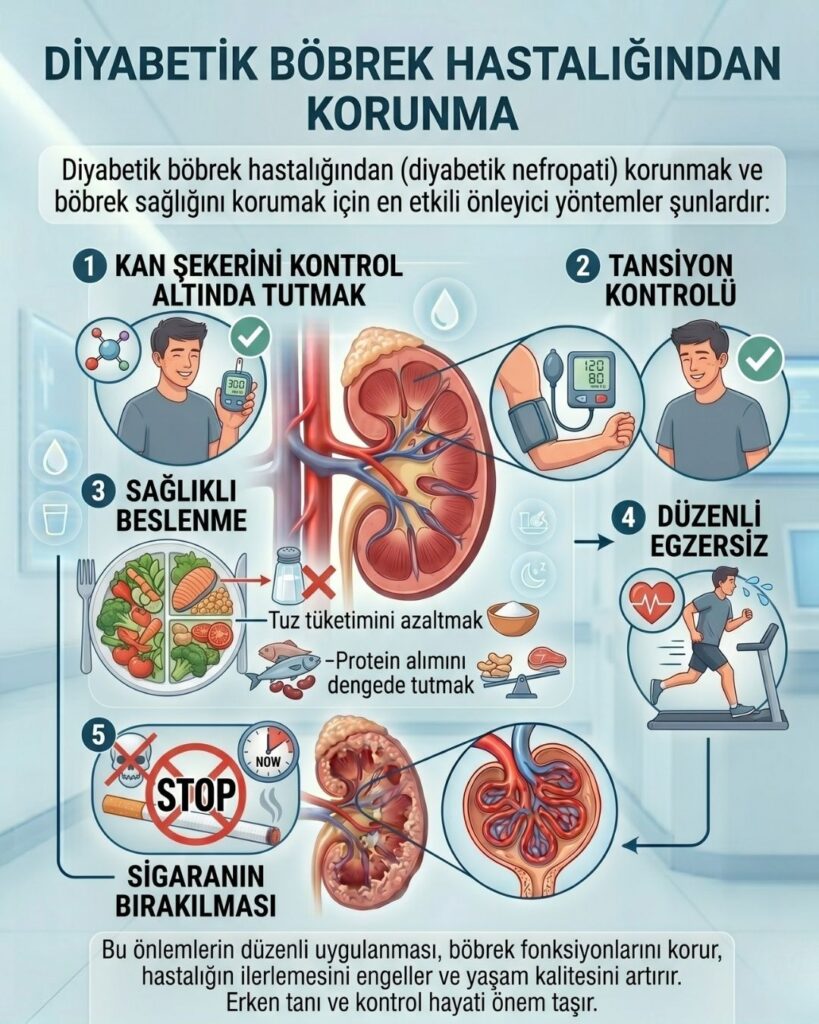 Diyabetik nefropatiden korunma yolları infografiği. Şeker hastalığında böbrek sağlığını korumak için kan şekeri takibi, tansiyon yönetimi, düşük tuzlu diyet, egzersiz ve sigarayı bırakma tavsiyelerini içeren tıbbi illüstrasyon.