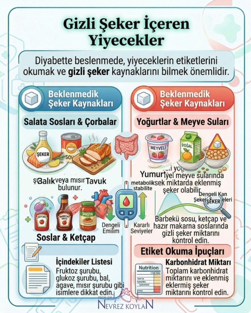 Gizli şeker içeren yiyecekleri gösteren infografik; beklenmedik şeker kaynakları (salata sosları, çorbalar, yoğurtlar, meyve suları, soslar, ketçap) ve etiket okuma ipuçları (fruktoz şurubu, glukoz şurubu, karbonhidrat miktarı takibi) hakkında tıbbi çizimler içerir. (Prof. Dr. Nevrez Koylan - nevrezkoylan.com)