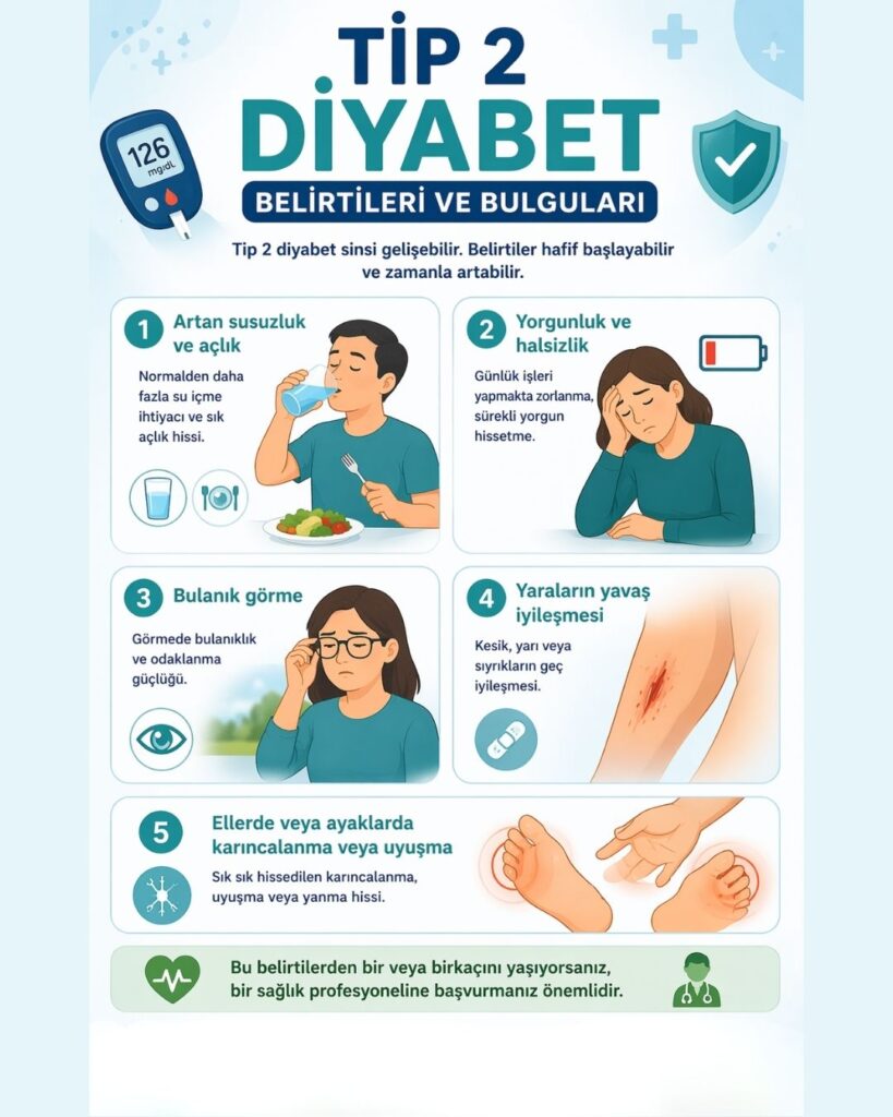 Tip 2 diyabet belirtilerini anlatan Türkçe infografik: artan susuzluk ve açlık, yorgunluk ve halsizlik, bulanık görme, yaraların yavaş iyileşmesi ve ellerde veya ayaklarda karıncalanma ya da uyuşma; belirtiler ikonlar ve illüstrasyonlarla gösterilerek erken tanı ve yaşam tarzı değişikliklerinin önemi vurgulanıyor.