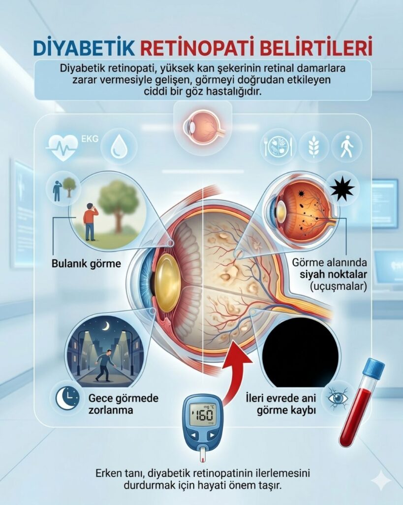 Diyabetik Retinopati Belirtileri" başlıklı tıbbi infografik, dört temel semptomu görselleştiriyor: bulânık görme (hazy view), görme alanında siyah noktalar (uçuşmalar), gece görmede zorlanma (karanlık sokak sahnesi) ve ileri evrede ani görme kaybı (kısmen kararmış görme alanı). Merkezde hasarlı bir göz anatomisi illüstrasyonu yer alıyor ve bu illüstrasyon hasarlı retinal damarlar ve sararmış lens gibi detayları gösteriyor. Görselin alt kısmında, 160 mg/dL yüksek şeker okumalı bir glukometre (kan şekeri ölçer) ve kan dolu bir test tüpü sembolik olarak kullanılıyor. Ayrıca görselde EKG (kalp atışı), koşan insan, sağlıklı yemek tabağı ve su damlası ikonları gibi sağlıklı yaşam tarzı unsurları da yer alıyor. Arka plan klinik bir ortamı yansıtıyor.