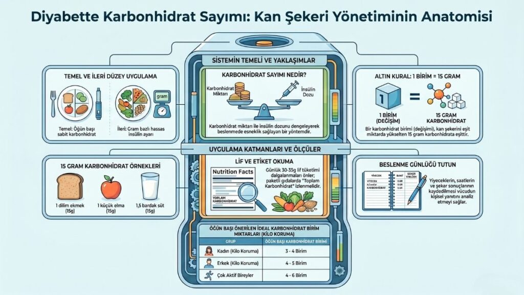 Diyabette karbonhidrat sayımı yöntemini anlatan kapsamlı bir infografik; görsel, karbonhidrat sayımının temelini, '1 birim = 15 gram' altın kuralını, örnek porsiyonları, lif tüketimi ve etiket okuma ipuçlarını, beslenme günlüğü tutmanın önemini ve yaşa/aktivite düzeyine göre önerilen günlük karbonhidrat birim miktarlarını şematik olarak göstermektedir.