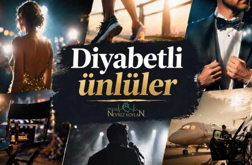 Diyabetli Ünlüler’ başlıklı blog yazısı için hazırlanmış 16:9 kapak görseli. Ortada büyük ve dikkat çekici tipografiyle yazılmış başlık yer alıyor. Arka planda anonim ünlü yaşamını temsil eden kolaj sahneleri bulunuyor: sahne ışıkları altında yürüyen şık giyimli bir kadın silüeti, koşu yapan bir kişinin ayakları, smokinli bir erkeğin detayı, sahne arkası yönetmen koltuğu, mikrofonla sahnede performans sergileyen bir figür ve özel jet ile lüks araç sahnesi. Genel atmosfer karanlık tonlar, altın vurgular ve spot ışıklarıyla dramatik ve merak uyandırıcı.