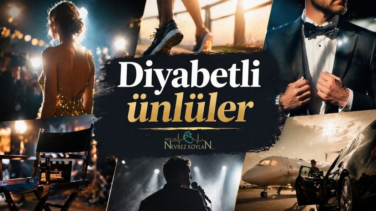 Diyabetli Ünlüler’ başlıklı blog yazısı için hazırlanmış 16:9 kapak görseli. Ortada büyük ve dikkat çekici tipografiyle yazılmış başlık yer alıyor. Arka planda anonim ünlü yaşamını temsil eden kolaj sahneleri bulunuyor: sahne ışıkları altında yürüyen şık giyimli bir kadın silüeti, koşu yapan bir kişinin ayakları, smokinli bir erkeğin detayı, sahne arkası yönetmen koltuğu, mikrofonla sahnede performans sergileyen bir figür ve özel jet ile lüks araç sahnesi. Genel atmosfer karanlık tonlar, altın vurgular ve spot ışıklarıyla dramatik ve merak uyandırıcı.