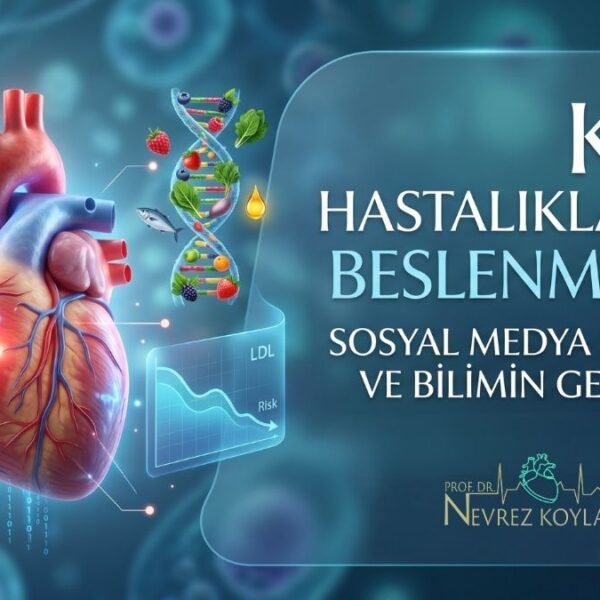'Kalp Hastalıklarında Beslenme 2026: Sosyal Medya Efsaneleri ve Bilimin Gerçek Yüzü' başlıklı blog yazısı için hazırlanan 16:9 formatındaki kapak görseli. Görselde, ışık saçan anatomik bir insan kalbi, veri noktaları ve grafikler, besinlerden oluşan bir DNA sarmalı, bir beslenme tablosu ve 'Kalp Hastalıklarında Beslenme 2026' yazısı yer alıyor. Alt kısımda, sosyal medya mitleri ile laboratuvar kanıtlarını simgeleyen bir telefon ve mikroskop ikonu bulunuyor. Modern, klinik ve akademik bir tasarıma sahip.