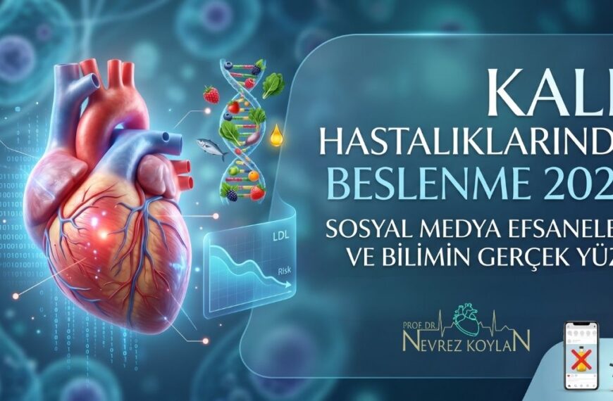 'Kalp Hastalıklarında Beslenme 2026: Sosyal Medya Efsaneleri ve Bilimin Gerçek Yüzü' başlıklı blog yazısı için hazırlanan 16:9 formatındaki kapak görseli. Görselde, ışık saçan anatomik bir insan kalbi, veri noktaları ve grafikler, besinlerden oluşan bir DNA sarmalı, bir beslenme tablosu ve 'Kalp Hastalıklarında Beslenme 2026' yazısı yer alıyor. Alt kısımda, sosyal medya mitleri ile laboratuvar kanıtlarını simgeleyen bir telefon ve mikroskop ikonu bulunuyor. Modern, klinik ve akademik bir tasarıma sahip.
