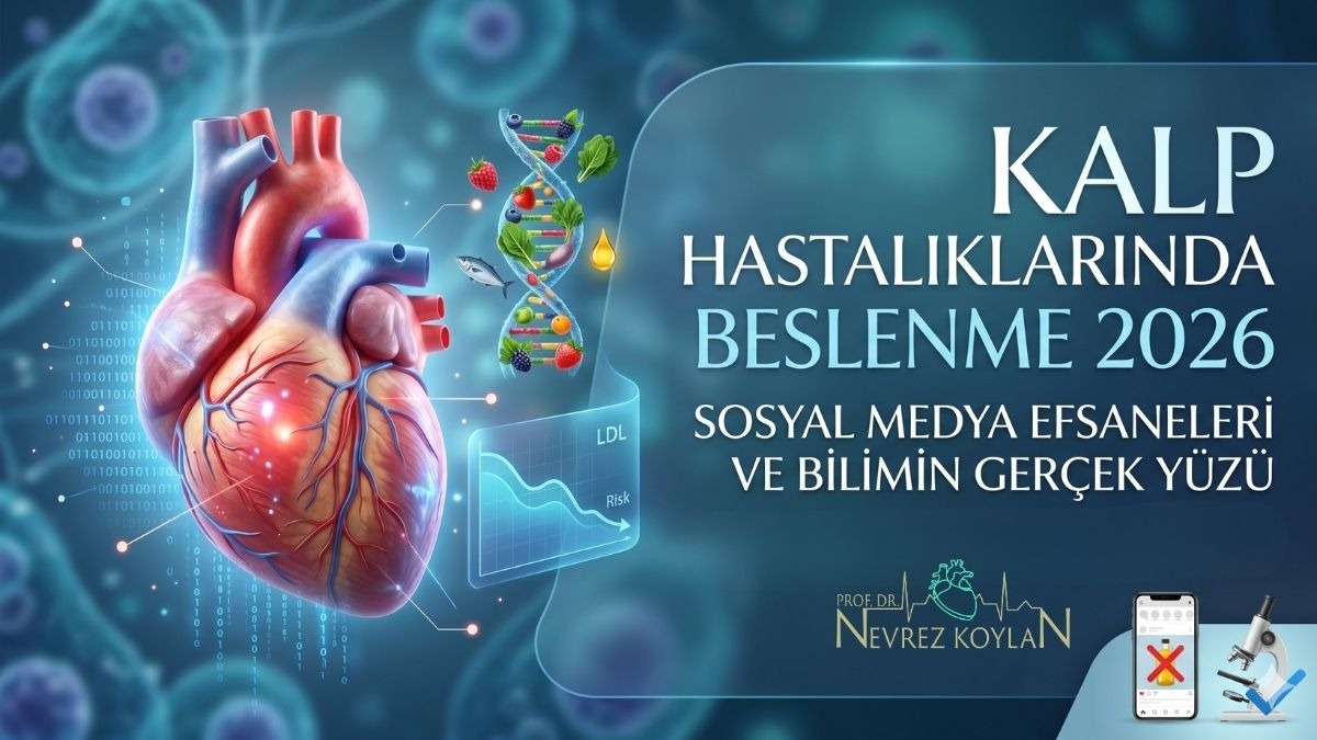 'Kalp Hastalıklarında Beslenme 2026: Sosyal Medya Efsaneleri ve Bilimin Gerçek Yüzü' başlıklı blog yazısı için hazırlanan 16:9 formatındaki kapak görseli. Görselde, ışık saçan anatomik bir insan kalbi, veri noktaları ve grafikler, besinlerden oluşan bir DNA sarmalı, bir beslenme tablosu ve 'Kalp Hastalıklarında Beslenme 2026' yazısı yer alıyor. Alt kısımda, sosyal medya mitleri ile laboratuvar kanıtlarını simgeleyen bir telefon ve mikroskop ikonu bulunuyor. Modern, klinik ve akademik bir tasarıma sahip.