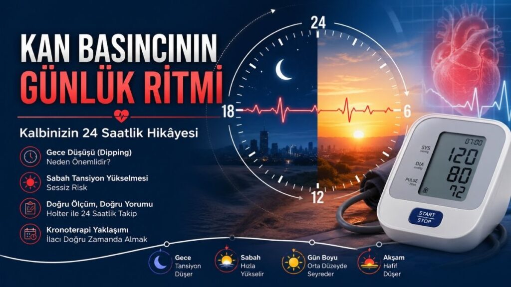 Kan basıncının günlük ritmini anlatan detaylı bir tıbbi infografik. Sol tarafta ‘Kan Basıncının Günlük Ritmi’ başlığı ve ‘Kalbinizin 24 Saatlik Hikayesi’ alt başlığı yer alıyor. Altında gece düşüşü (dipping), sabah tansiyon yükselmesi, holter ile 24 saatlik takip ve kronoterapi gibi başlıklar ikonlarla listelenmiş. Sağ tarafta gece ve gündüzü ikiye bölünmüş bir saat grafiği bulunuyor; ay ve güneş görselleriyle 24 saatlik döngü vurgulanmış. Ortadan geçen kalp ritmi çizgisi tansiyon değişimini temsil ediyor. Sağ alt köşede tansiyon ölçüm cihazı yer alıyor, ekranında ölçüm değerleri görünüyor. Alt bölümde gece düşüşü, sabah yükselişi, gün içi stabil seyir ve akşam düşüşünü anlatan ikonlar bulunuyor.