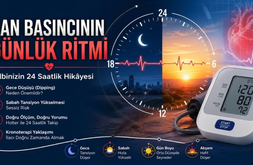 Kan basıncının günlük ritmini anlatan detaylı bir tıbbi infografik. Sol tarafta ‘Kan Basıncının Günlük Ritmi’ başlığı ve ‘Kalbinizin 24 Saatlik Hikayesi’ alt başlığı yer alıyor. Altında gece düşüşü (dipping), sabah tansiyon yükselmesi, holter ile 24 saatlik takip ve kronoterapi gibi başlıklar ikonlarla listelenmiş. Sağ tarafta gece ve gündüzü ikiye bölünmüş bir saat grafiği bulunuyor; ay ve güneş görselleriyle 24 saatlik döngü vurgulanmış. Ortadan geçen kalp ritmi çizgisi tansiyon değişimini temsil ediyor. Sağ alt köşede tansiyon ölçüm cihazı yer alıyor, ekranında ölçüm değerleri görünüyor. Alt bölümde gece düşüşü, sabah yükselişi, gün içi stabil seyir ve akşam düşüşünü anlatan ikonlar bulunuyor.