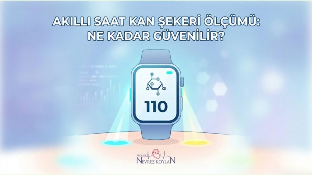 Akıllı saatlerde kan şekeri ölçümü teknolojisinin güvenilirliğini analiz eden kapak görseli. Görselde '110 mg/dL' glukoz değerini gösteren dijital bir saat ve deri altı optik sensör ölçümünü simgeleyen ışık hüzmeleri yer almaktadır. nevrezkoylan.com logolu medikal teknoloji görseli.