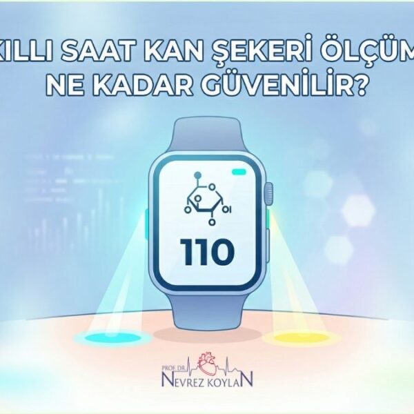 Akıllı saatlerde kan şekeri ölçümü teknolojisinin güvenilirliğini analiz eden kapak görseli. Görselde '110 mg/dL' glukoz değerini gösteren dijital bir saat ve deri altı optik sensör ölçümünü simgeleyen ışık hüzmeleri yer almaktadır. nevrezkoylan.com logolu medikal teknoloji görseli.