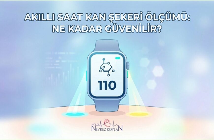 Akıllı saatlerde kan şekeri ölçümü teknolojisinin güvenilirliğini analiz eden kapak görseli. Görselde '110 mg/dL' glukoz değerini gösteren dijital bir saat ve deri altı optik sensör ölçümünü simgeleyen ışık hüzmeleri yer almaktadır. nevrezkoylan.com logolu medikal teknoloji görseli.
