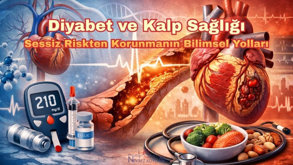 Diyabetin kan damarlarında hasara yol açarak kalp hastalığı riskini artırdığını gösteren, bir yanda glikoz ölçüm cihazı ve insülin ekipmanları, diğer yanda hasarlı kalp ve damar yapısı ile sağlıklı beslenme unsurlarını içeren tıbbi illüstrasyon