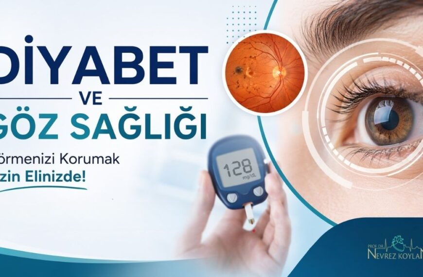 Diyabet ve göz sağlığı temalı, yakın plan bir insan gözü görseli üzerinde dijital analiz halkaları bulunan, yanında retina hasarını gösteren küçük bir görsel ve 128 mg/dL değerini gösteren glikoz ölçüm cihazı yer alan, kan şekeri kontrolü ve düzenli göz muayenesinin önemini vurgulayan tıbbi bilgilendirme posteri