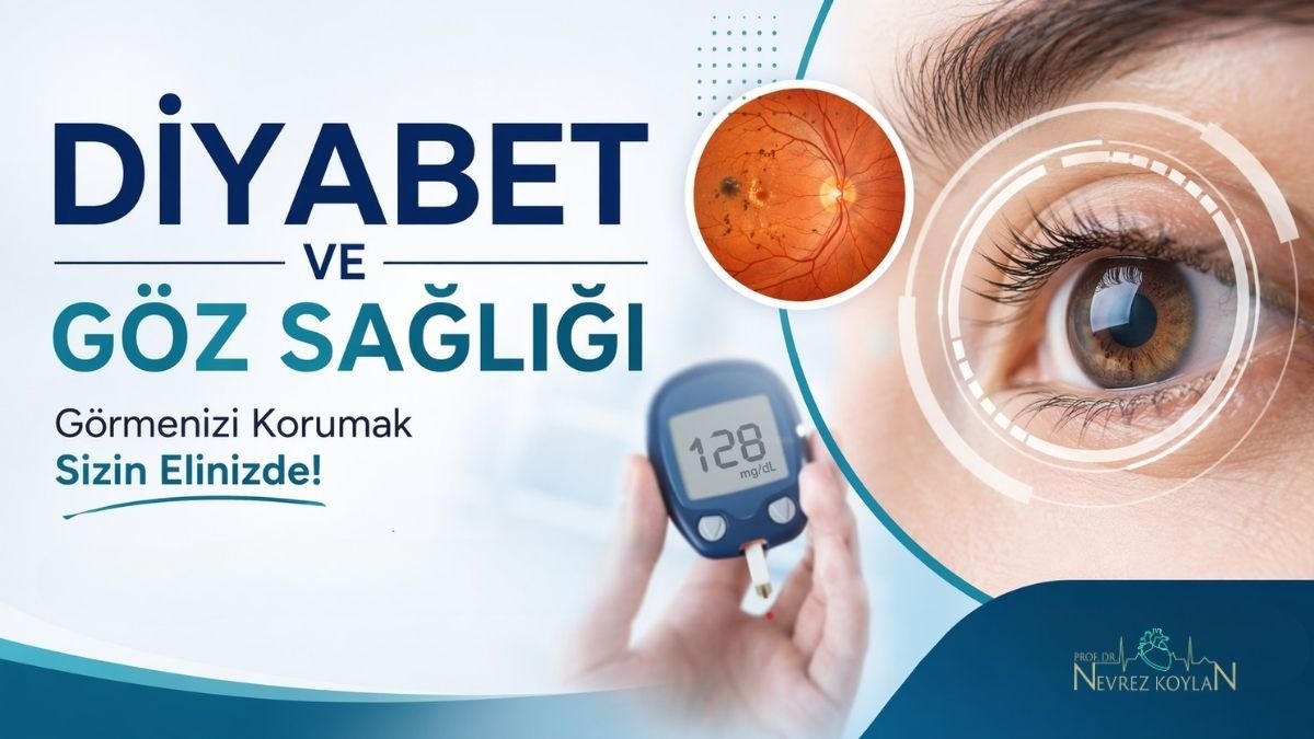 Diyabet ve göz sağlığı temalı, yakın plan bir insan gözü görseli üzerinde dijital analiz halkaları bulunan, yanında retina hasarını gösteren küçük bir görsel ve 128 mg/dL değerini gösteren glikoz ölçüm cihazı yer alan, kan şekeri kontrolü ve düzenli göz muayenesinin önemini vurgulayan tıbbi bilgilendirme posteri