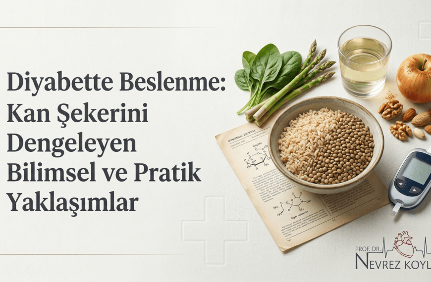 Diyabette beslenme rehberi için kan şekerini dengeleyen besinler, glukometre ve Prof. Dr. Nevrez Koylan logolu kapak görseli