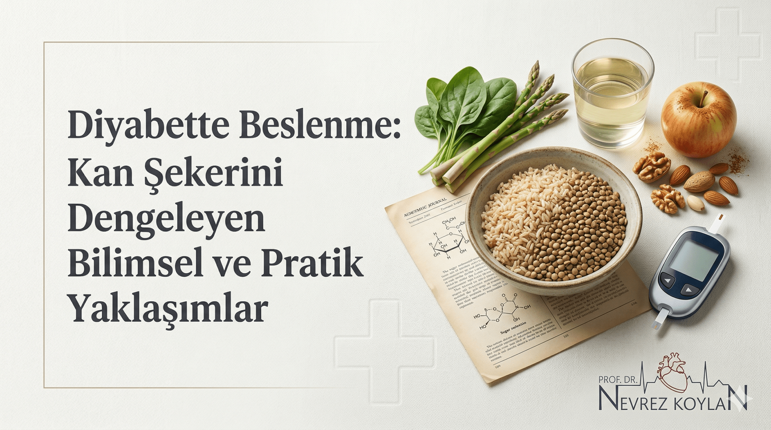 Diyabette beslenme rehberi için kan şekerini dengeleyen besinler, glukometre ve Prof. Dr. Nevrez Koylan logolu kapak görseli