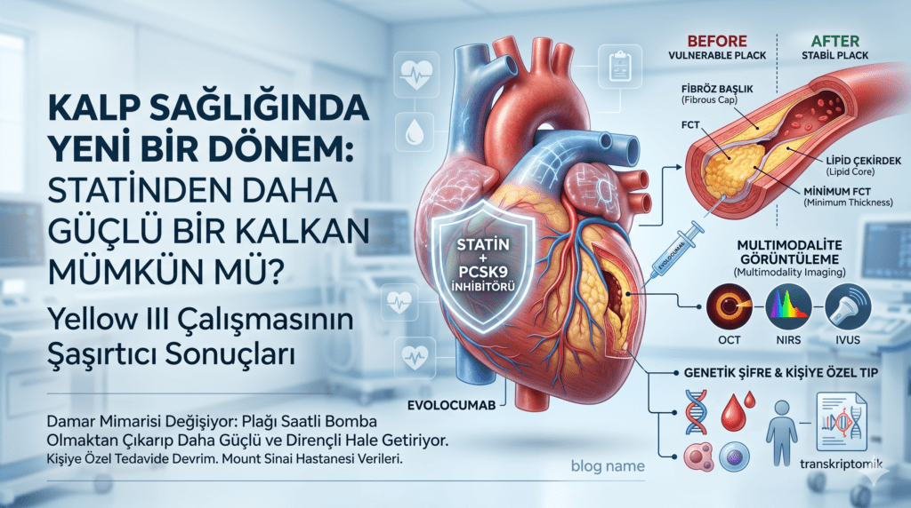 Yellow III Çalışması bulgularını özetleyen 'Kalp Sağlığında Yeni Bir Dönem' başlıklı medikal infografik. Görselde, Statin ve PCSK9 inhibitörü (Evolocumab) tedavisiyle desteklenen bir kalp anatomisi illüstrasyonu yer alıyor. Sağ tarafta, tedavi öncesi savunmasız plak (vulnerable plaque) ile tedavi sonrası stabil plak (stable plaque) karşılaştırması; fibröz başlık kalınlığı (FCT) ve lipid çekirdek yükü üzerinden gösterilmiştir. Alt kısımda multimodalite görüntüleme (OCT, NIRS, IVUS) teknolojileri ve genetik transkriptomik analiz vurgulanmıştır.
