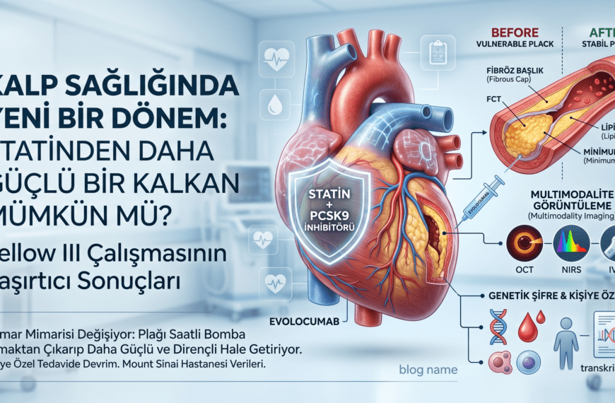 Yellow III Çalışması bulgularını özetleyen 'Kalp Sağlığında Yeni Bir Dönem' başlıklı medikal infografik. Görselde, Statin ve PCSK9 inhibitörü (Evolocumab) tedavisiyle desteklenen bir kalp anatomisi illüstrasyonu yer alıyor. Sağ tarafta, tedavi öncesi savunmasız plak (vulnerable plaque) ile tedavi sonrası stabil plak (stable plaque) karşılaştırması; fibröz başlık kalınlığı (FCT) ve lipid çekirdek yükü üzerinden gösterilmiştir. Alt kısımda multimodalite görüntüleme (OCT, NIRS, IVUS) teknolojileri ve genetik transkriptomik analiz vurgulanmıştır.
