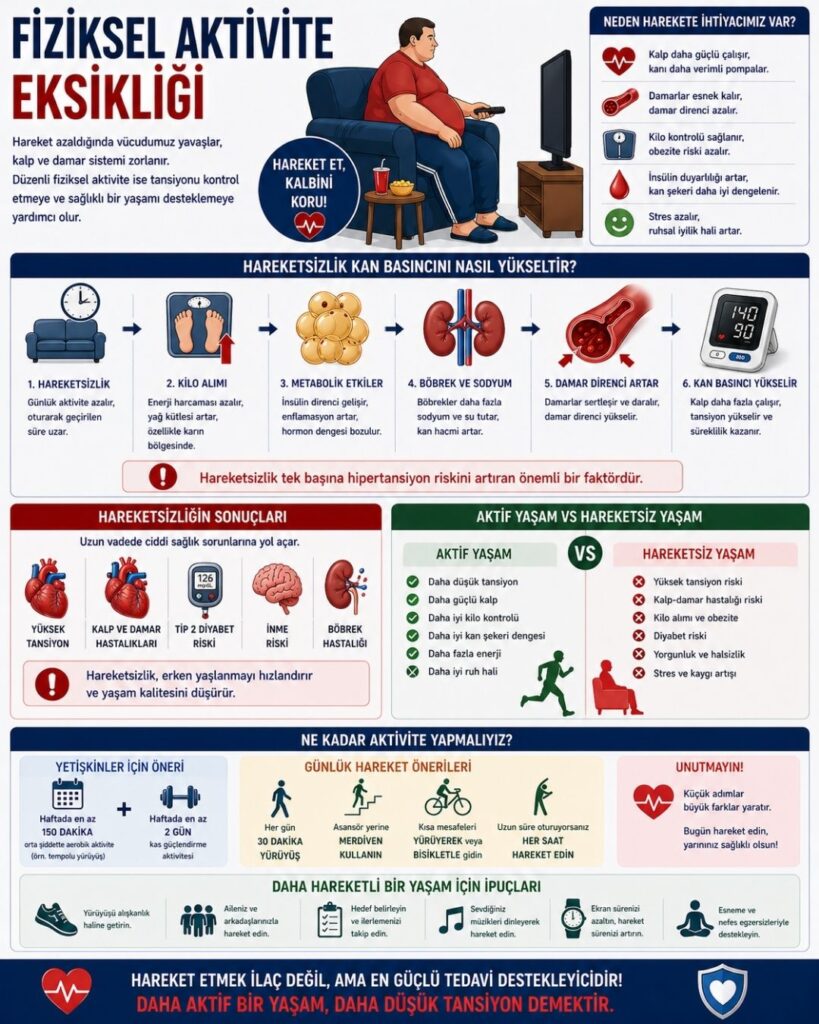 Fiziksel aktivite eksikliğinin hipertansiyon üzerindeki etkisini anlatan 4:5 oranlı tıbbi infografik: hareketsiz yaşamı temsil eden oturan birey görseli ile kilo artışı, metabolik bozulma, böbreklerde sodyum ve su tutulumu ve damar direnci artışı yoluyla kan basıncının yükselmesini adım adım gösteren şemalar; ayrıca aktif yaşam ile hareketsiz yaşamın karşılaştırıldığı, egzersiz önerileri ve sağlık risklerinin ikonlarla sunulduğu modern ve eğitici tasarım.